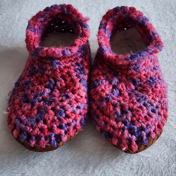 Wool Crochet Slippers Leather Sole Womens Medium Sherpa Wool Lined Cosy Winter - Picture 7 of 13